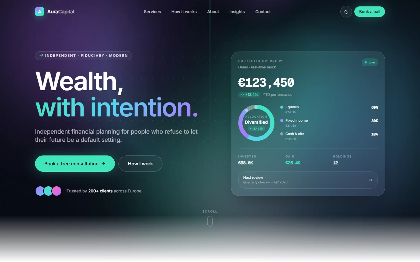 Homepage of a dark themed financial advisor website with a live portfolio overview card