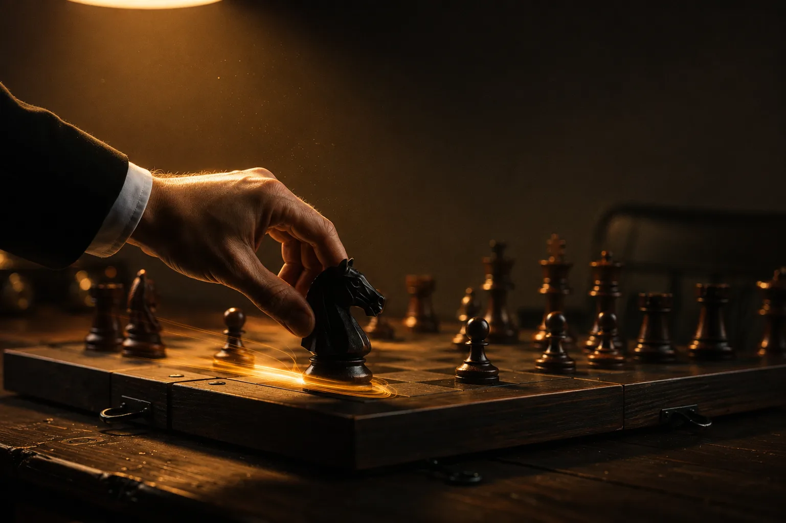 A hand placing a chess knight under a warm lamp, a glowing copper trail marking the square it moved from.