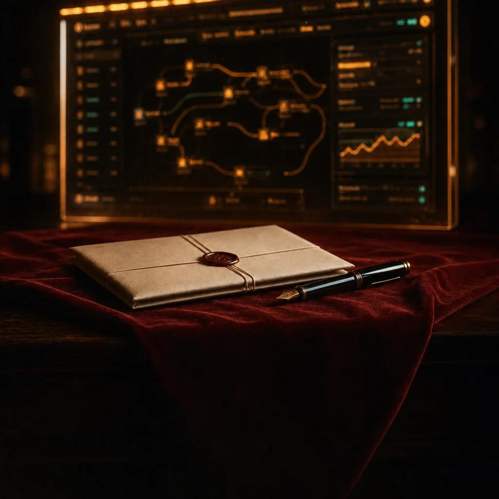 A glowing dashboard screen behind a sealed, unsigned envelope and a fountain pen resting on red velvet.