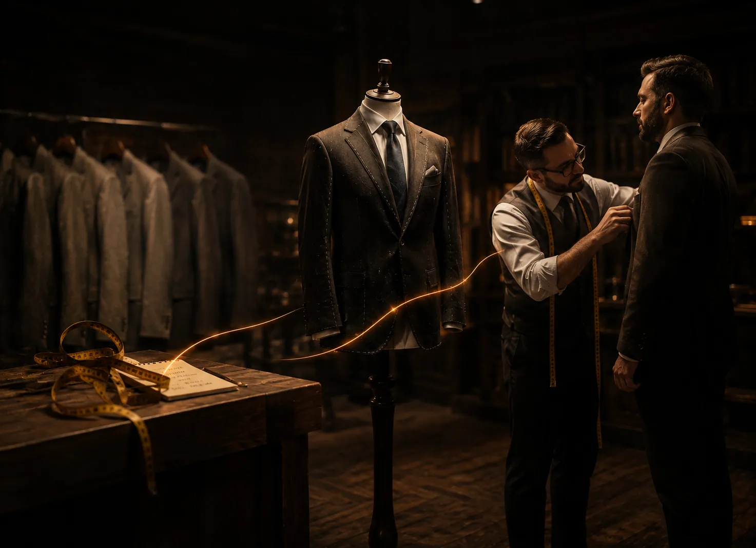 A tailor measuring a client beside a bespoke suit on a stand, a rack of identical off-the-peg suits behind them, a copper thread of light running from the workbench to the suit.