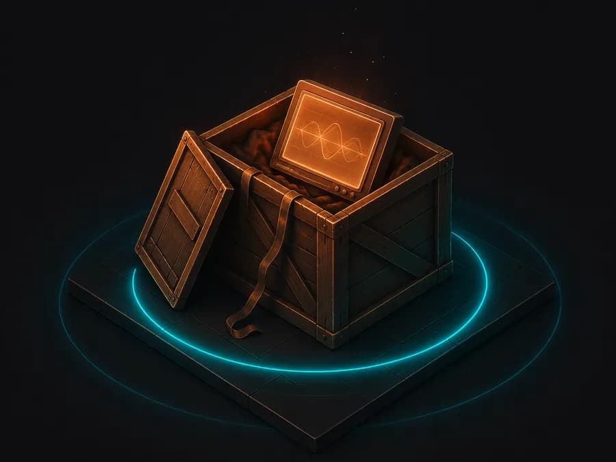 An open crate with a glowing monitor inside and a teal ring around it, representing a system that keeps running after launch.