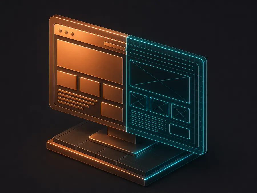 An isometric screen showing a website half built in copper and half as a teal wireframe, representing a working preview.